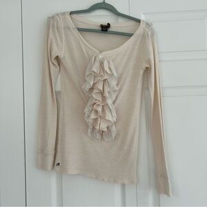 Vintage Ralph Lauren Rugby Ruffle Neck Long Sleeve Blouse Women's M Thermal Knit